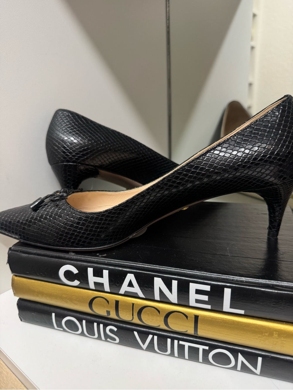 Prada Black Textured Pointed-Toe Kitten Heels with Tassel